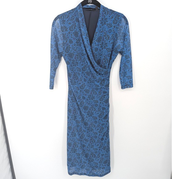 Betabrand Dresses & Skirts - Betabrand Faux Wrap Midi Dress Women Medium Blue‎ Floral Mesh Ruched 3/4 Sleeve